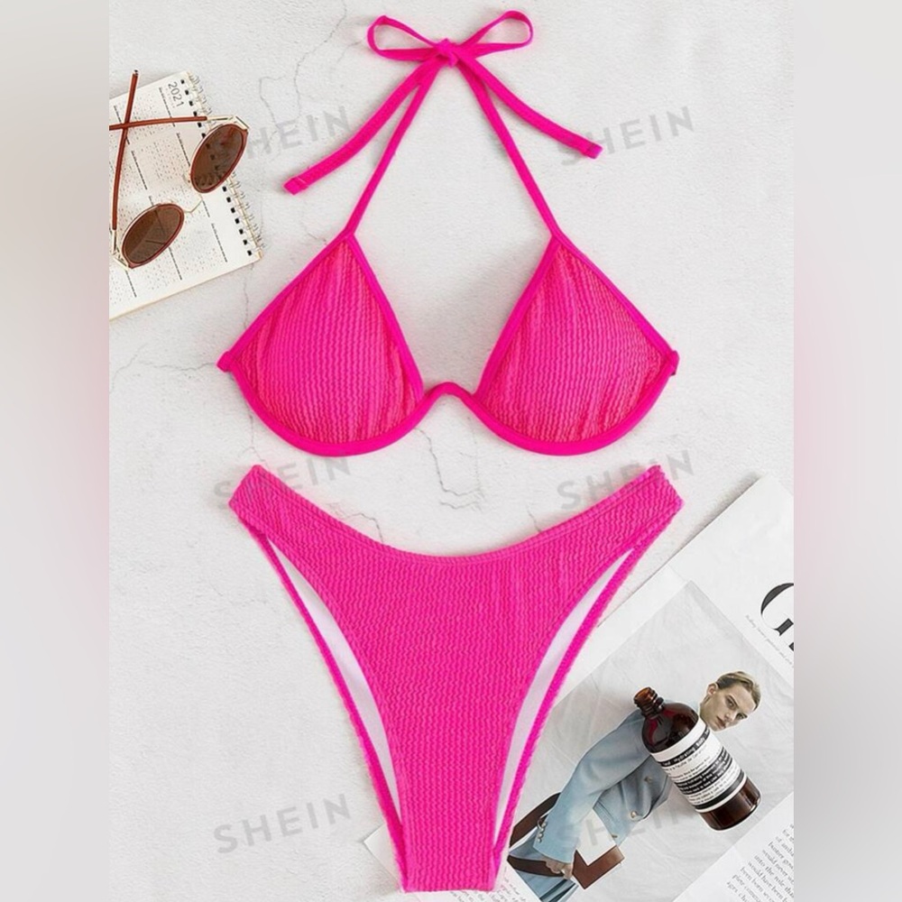 SHEIN Swim Bikinis: Tie-Dye Beach Underwire & Thong Bikini, Pink Textured Bikini - Picture 12 of 14